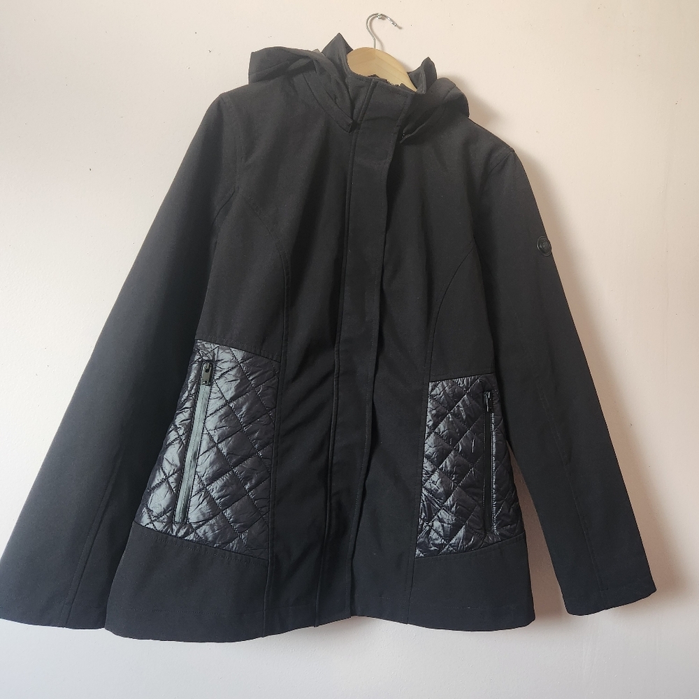 DKNY Black Mixed Media Quilted Softshell Hooded Utility Jacket Size M Chic